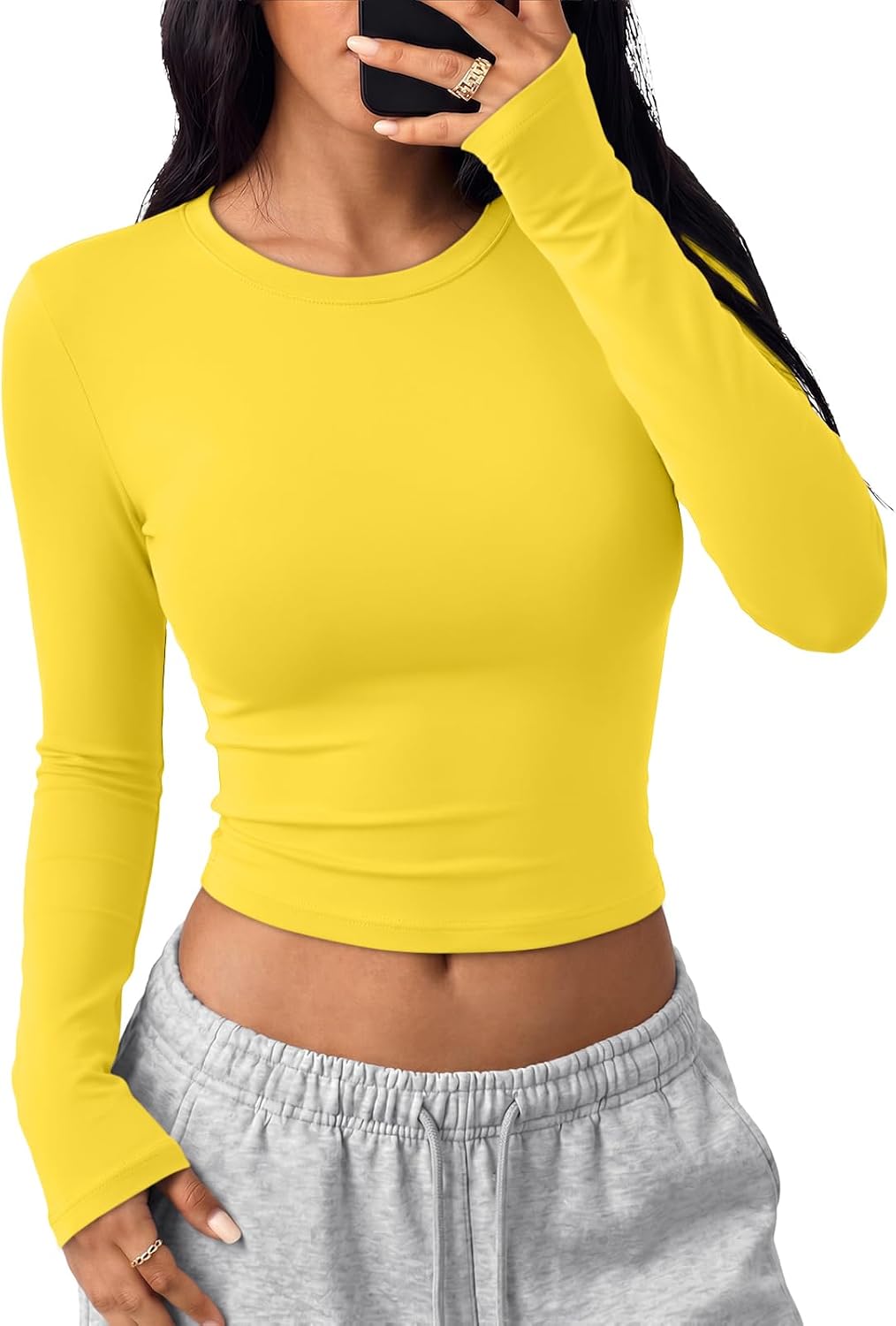 Trendy Queen Womens Long Sleeve Crop Tops Y2K Basic Shirts