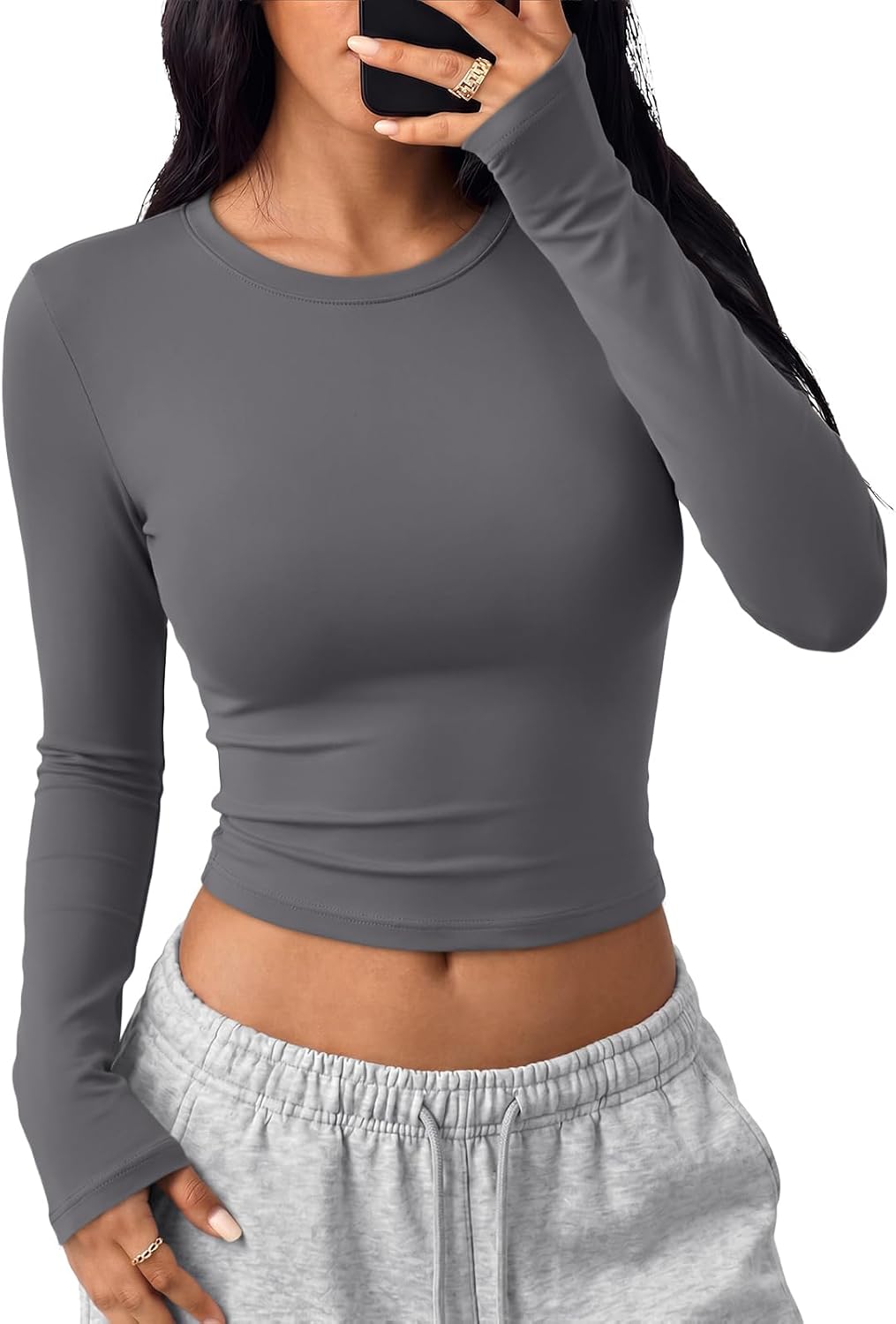 Trendy Queen Womens Long Sleeve Crop Tops Y2K Basic Shirts
