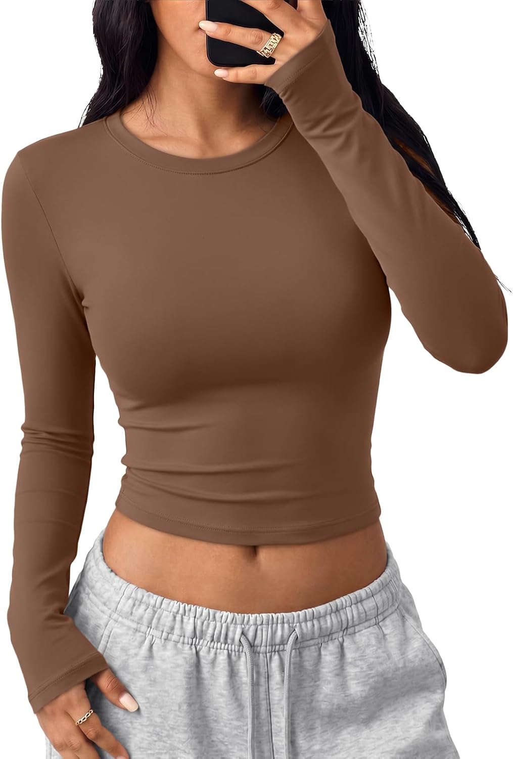 Trendy Queen Womens Long Sleeve Crop Tops Y2K Basic Shirts