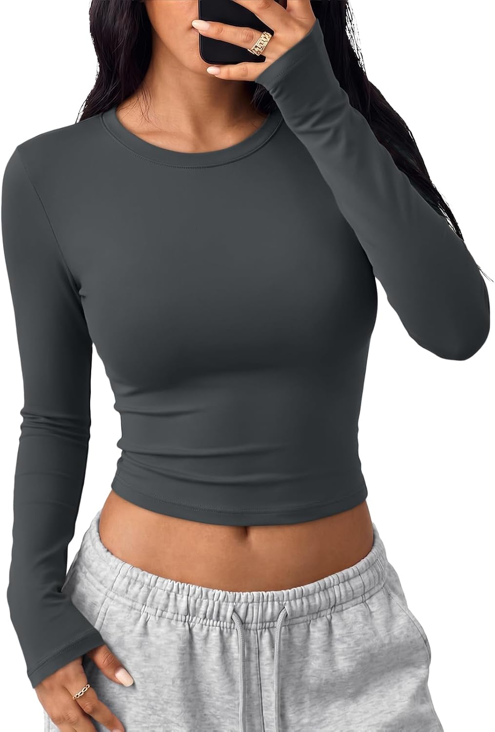 Trendy Queen Womens Long Sleeve Crop Tops Y2K Basic Shirts