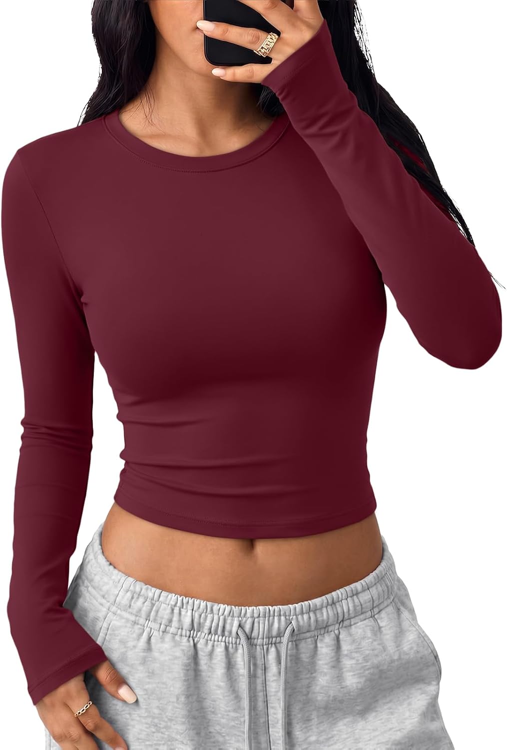 Trendy Queen Womens Long Sleeve Crop Tops Y2K Basic Shirts