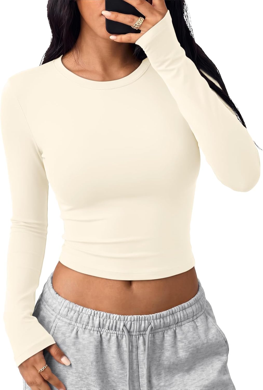 Trendy Queen Womens Long Sleeve Crop Tops Y2K Basic Shirts