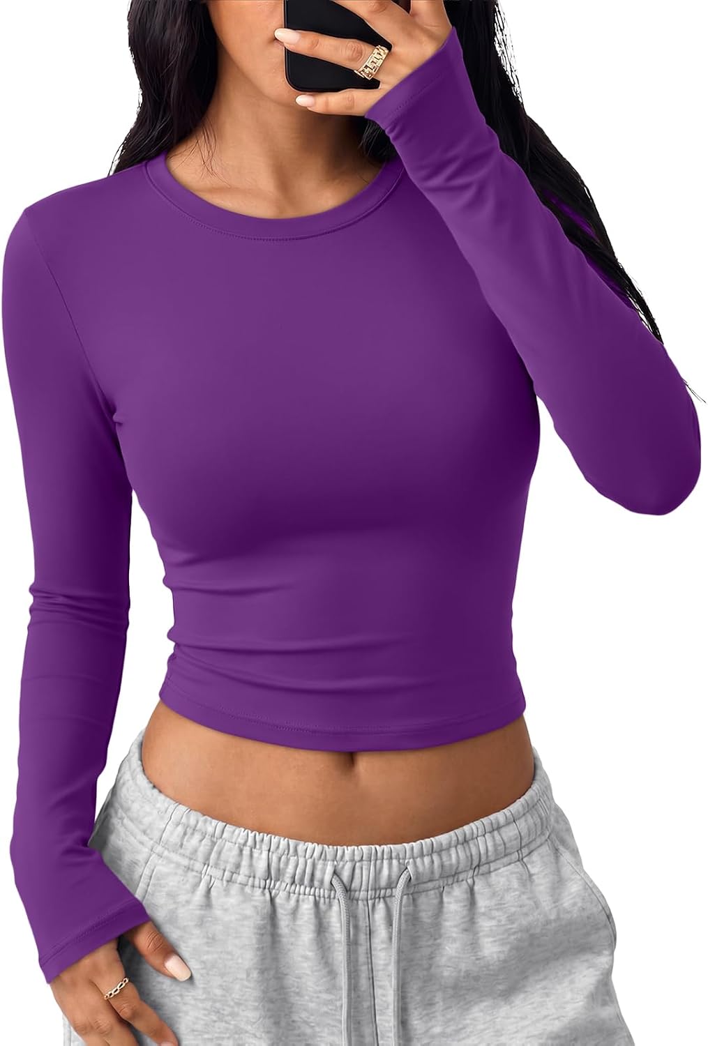 Trendy Queen Womens Long Sleeve Crop Tops Y2K Basic Shirts