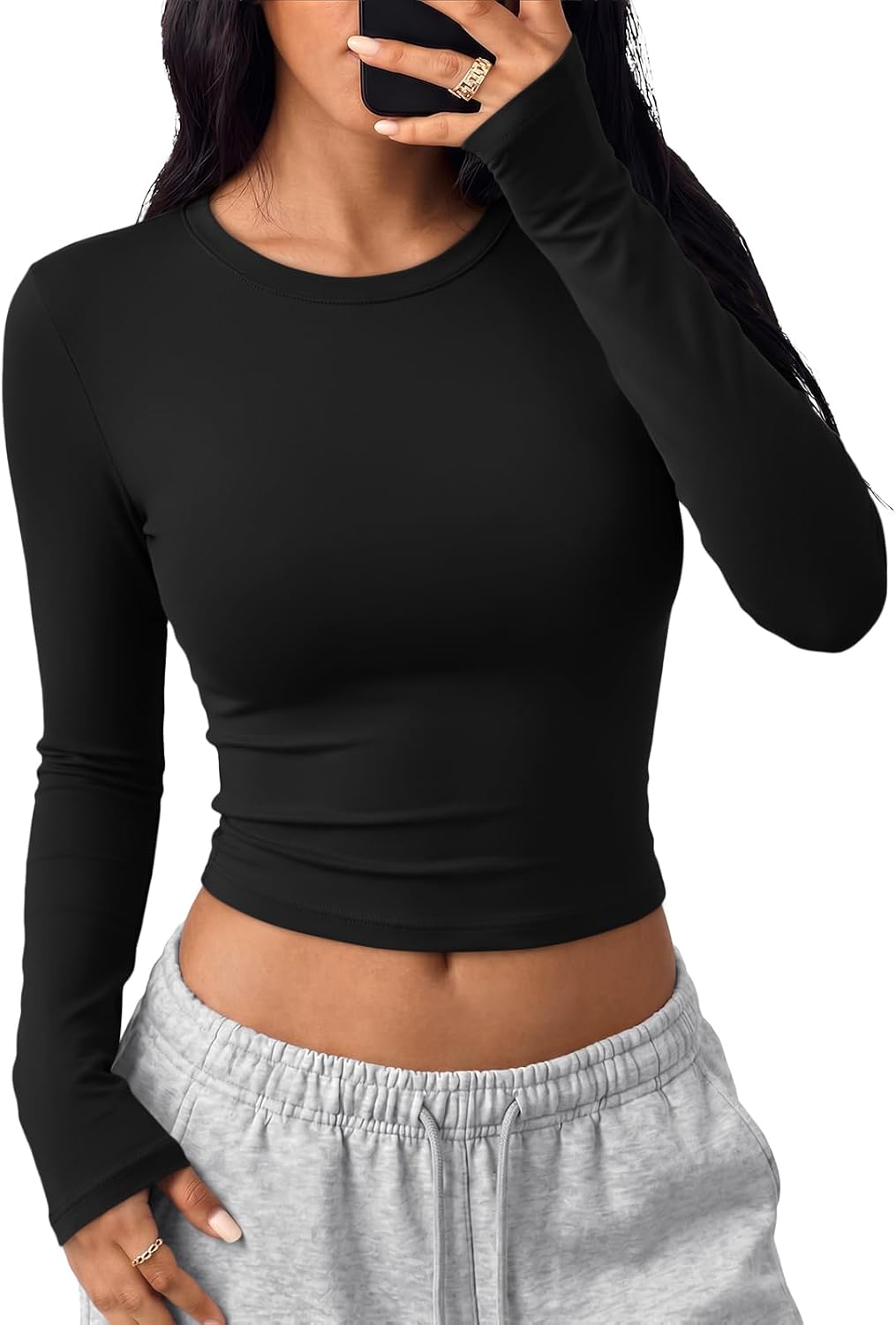 Trendy Queen Womens Long Sleeve Crop Tops Y2K Basic Shirts