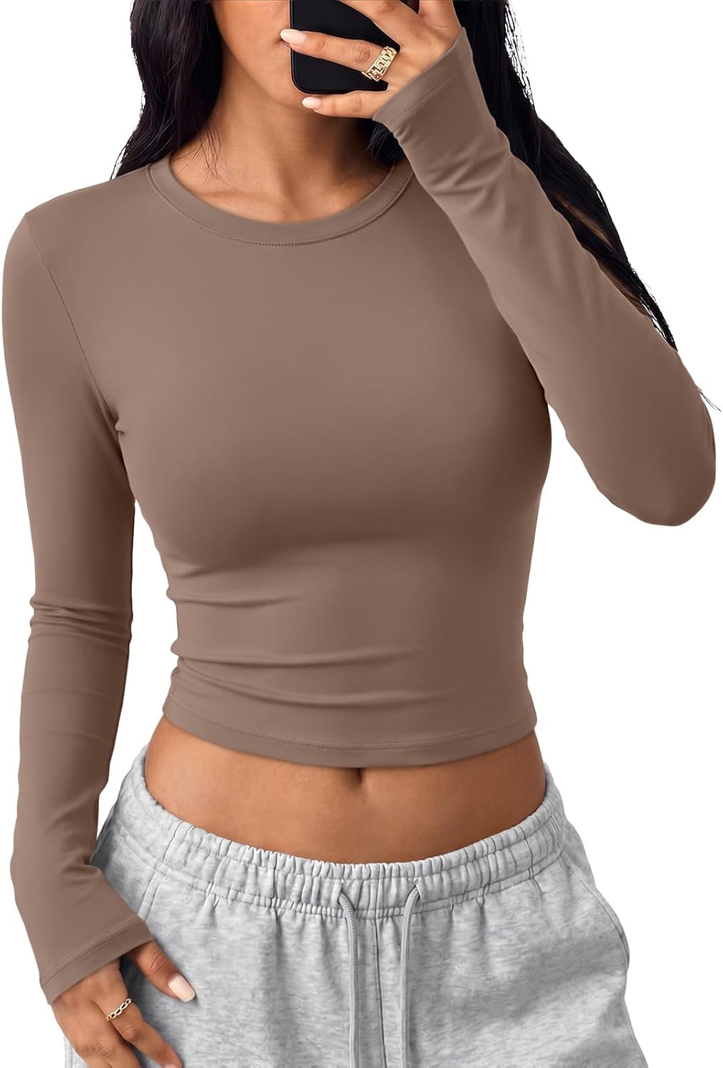 Trendy Queen Womens Long Sleeve Crop Tops Y2K Basic Shirts
