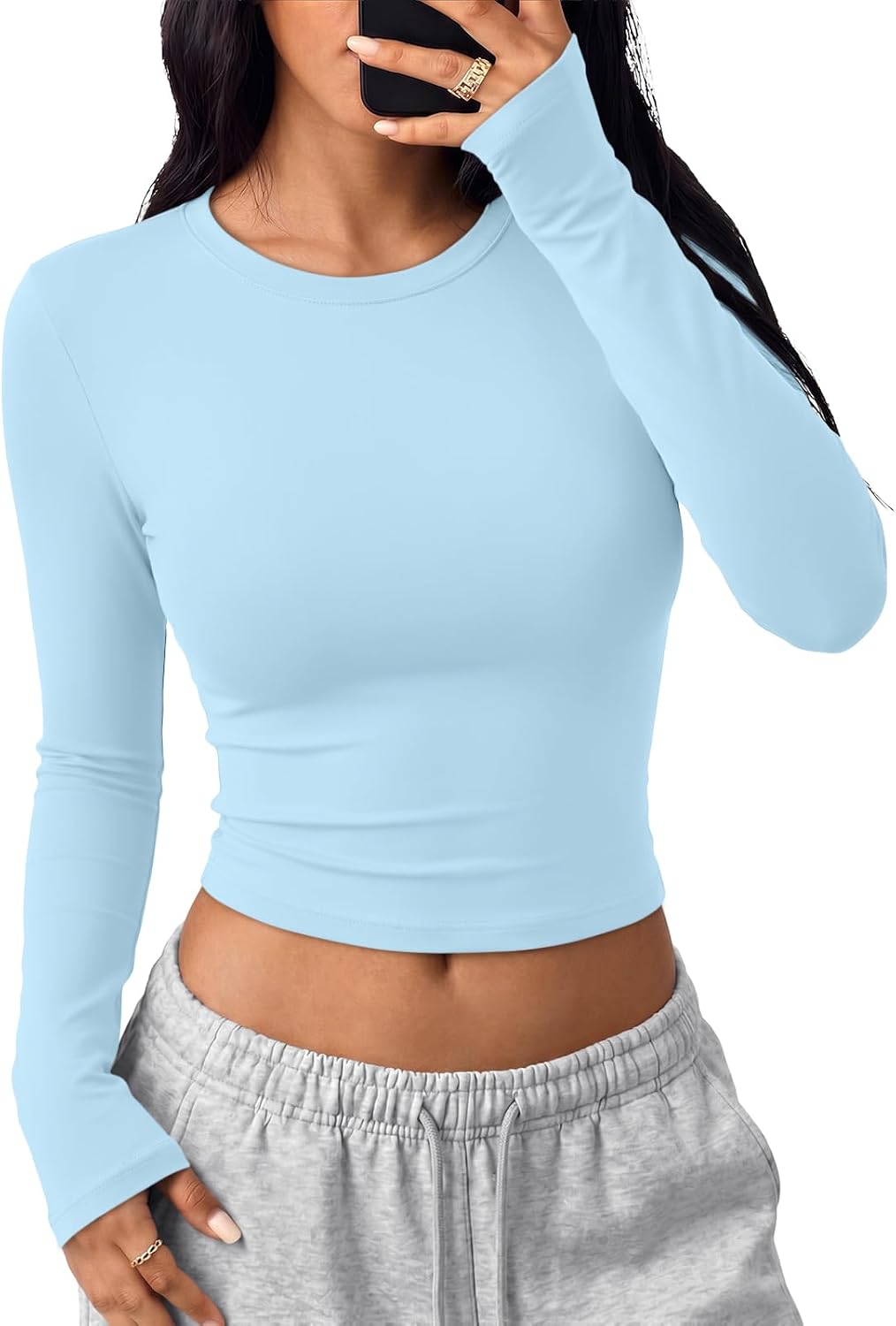 Trendy Queen Womens Long Sleeve Crop Tops Y2K Basic Shirts
