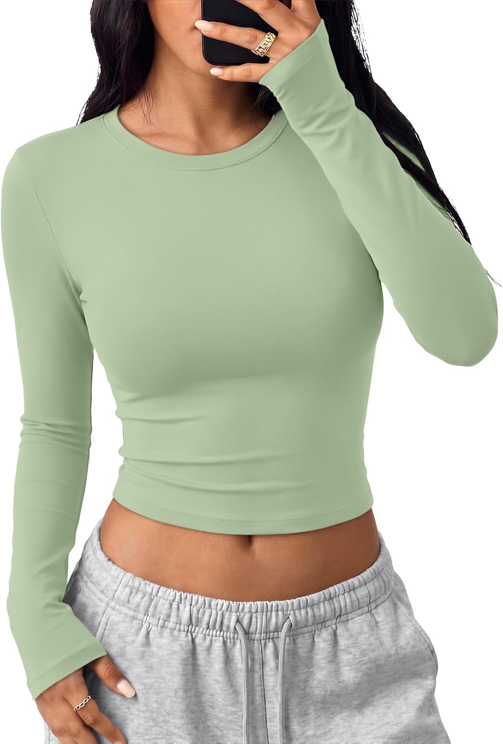 Trendy Queen Womens Long Sleeve Crop Tops Y2K Basic Shirts
