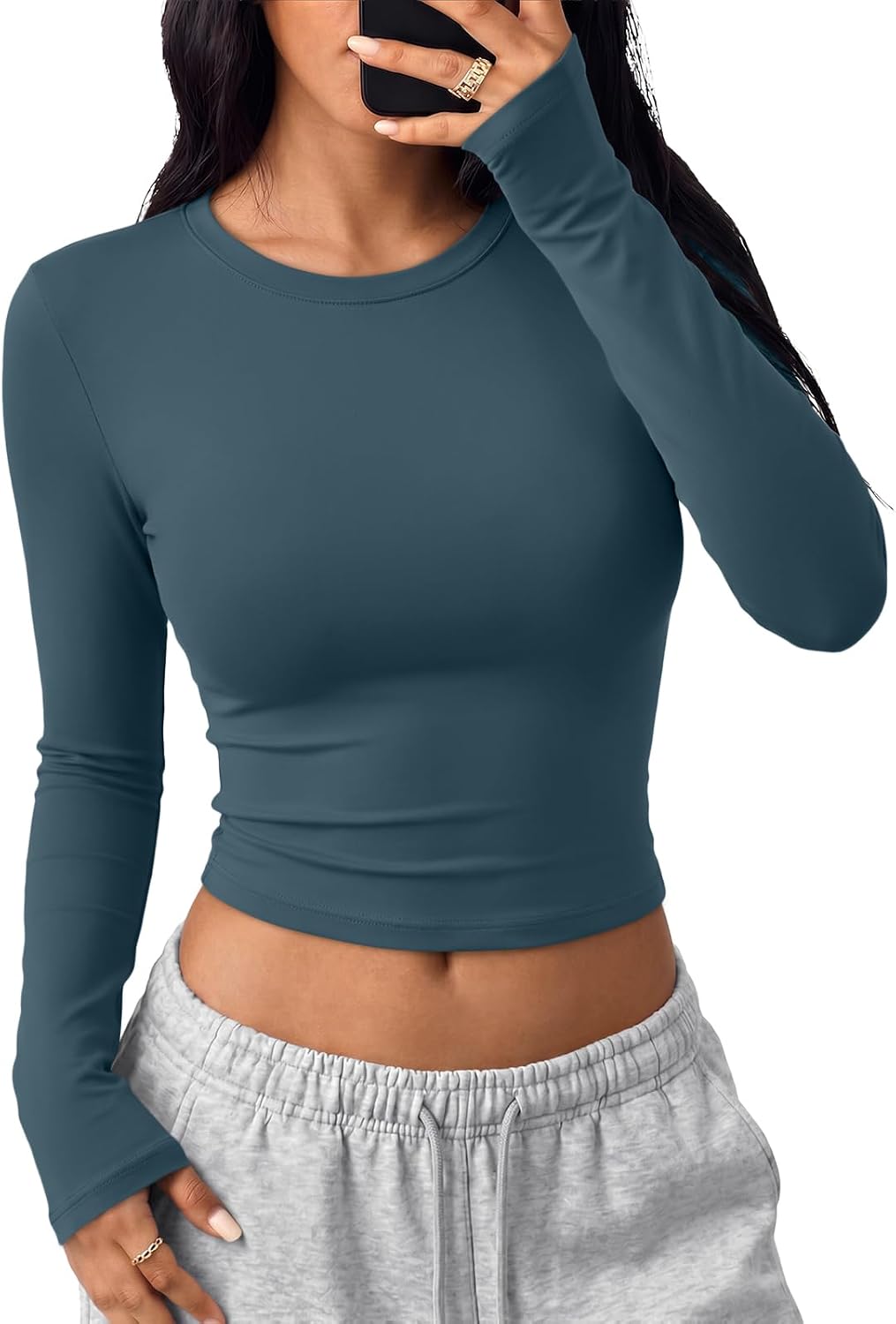 Trendy Queen Womens Long Sleeve Crop Tops Y2K Basic Shirts