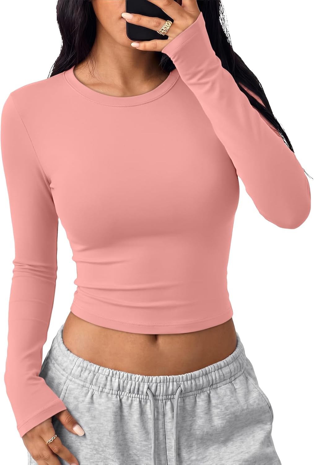 Trendy Queen Womens Long Sleeve Crop Tops Y2K Basic Shirts