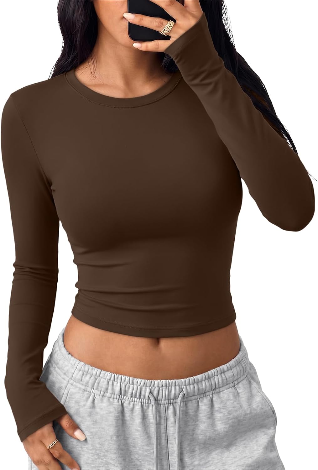 Trendy Queen Womens Long Sleeve Crop Tops Y2K Basic Shirts