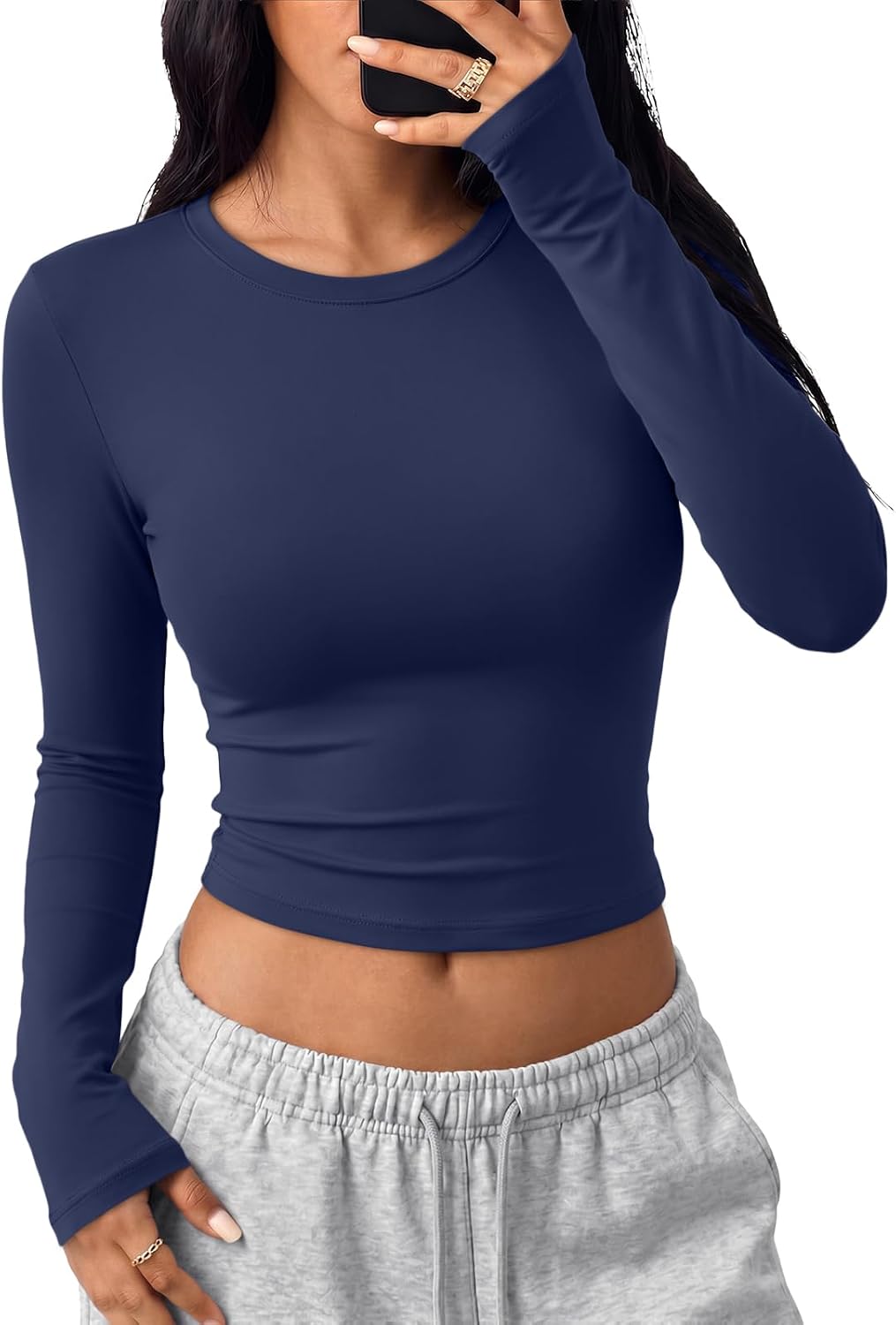 Trendy Queen Womens Long Sleeve Crop Tops Y2K Basic Shirts