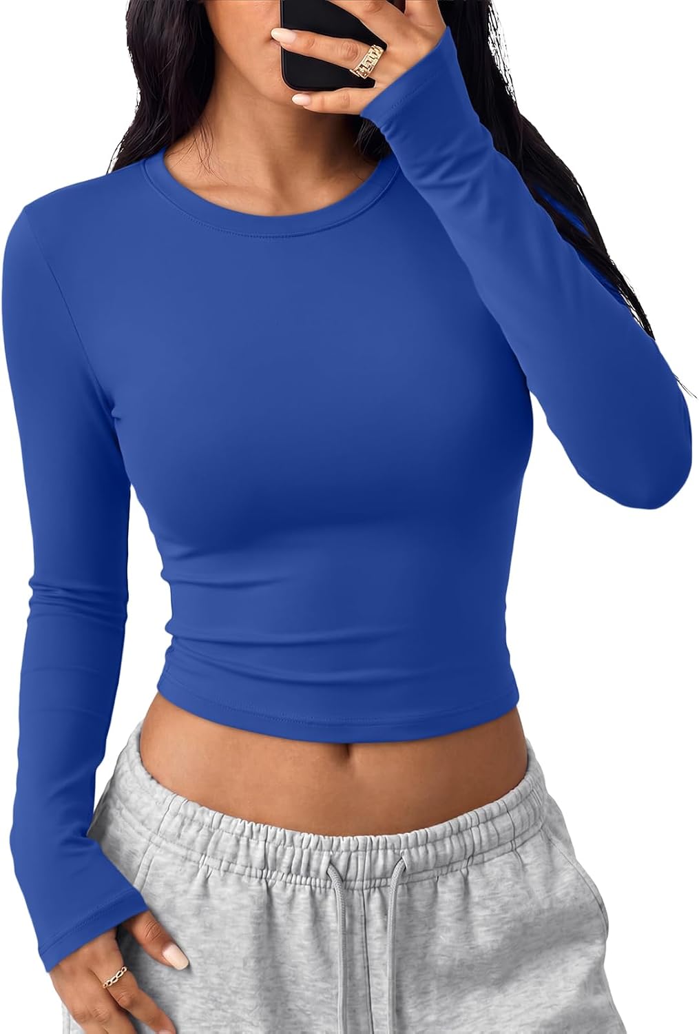 Trendy Queen Womens Long Sleeve Crop Tops Y2K Basic Shirts