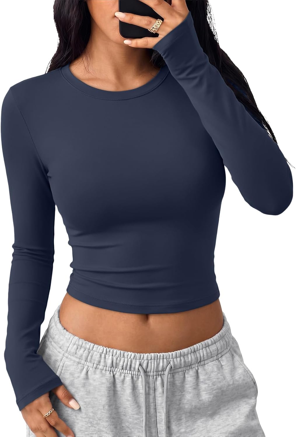 Trendy Queen Womens Long Sleeve Crop Tops Y2K Basic Shirts