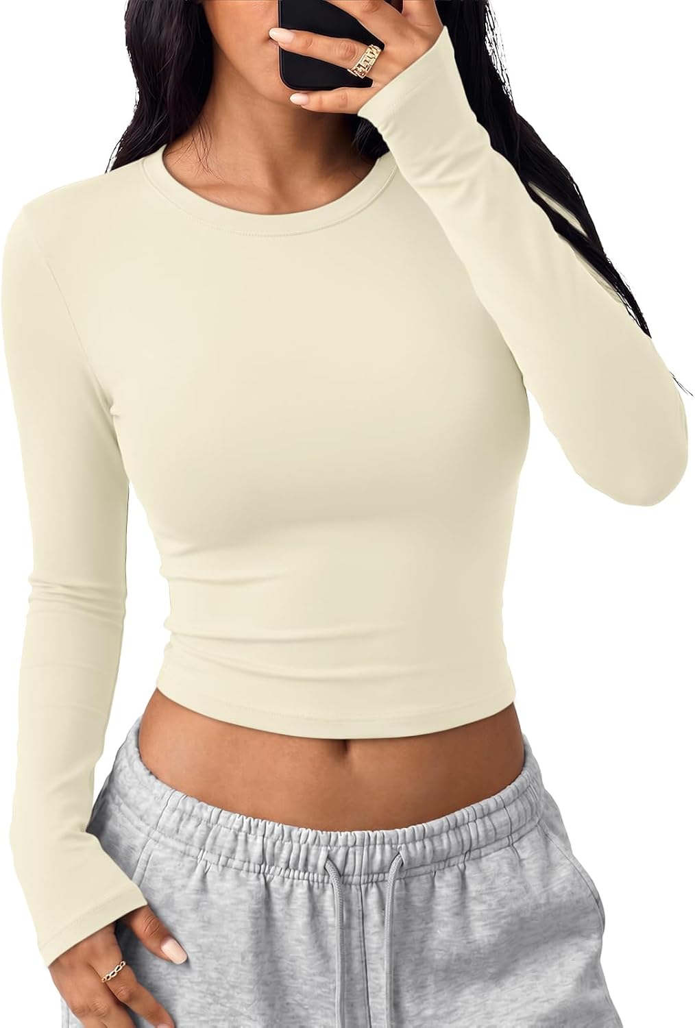 Trendy Queen Womens Long Sleeve Crop Tops Y2K Basic Shirts