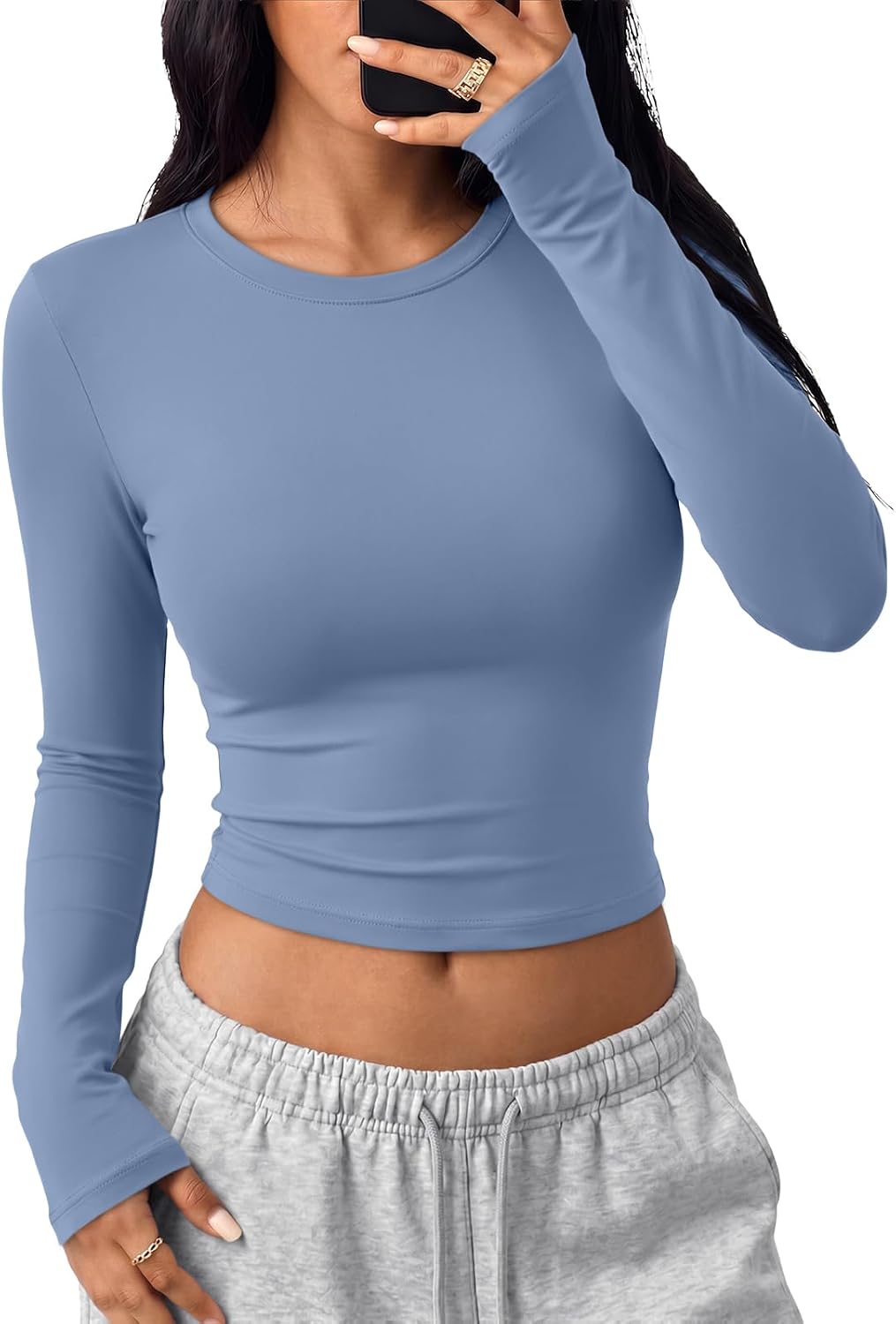 Trendy Queen Womens Long Sleeve Crop Tops Y2K Basic Shirts