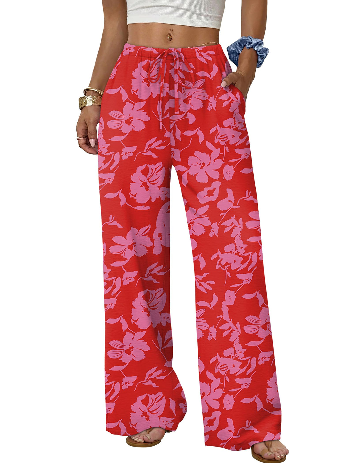 Sampeel Wide Leg Pants for Women Flowy Palazzo Drawstring Elastic Waist Trousers with Pockets Summer Beach Vacation Clothes