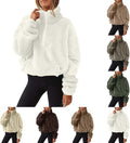 Teddy Fleece Jacket Women 2026 Fashion Half Zip Crop Long Sleeve Stand Collar Fleece Tunic Tops Blouse Zip Up Double Jumpers Loose Fit Casual Fluffy Pullover Tops Sweatshirts Fall Winter Warm Coats