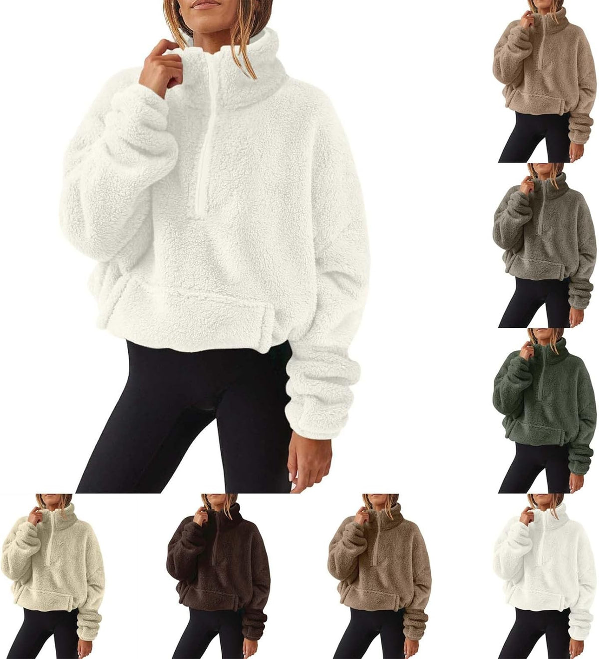 Teddy Fleece Jacket Women 2026 Fashion Half Zip Crop Long Sleeve Stand Collar Fleece Tunic Tops Blouse Zip Up Double Jumpers Loose Fit Casual Fluffy Pullover Tops Sweatshirts Fall Winter Warm Coats