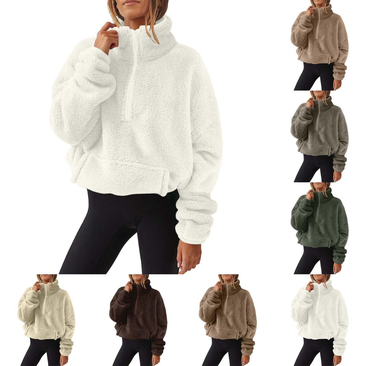 Teddy Fleece Jacket Women 2026 Fashion Half Zip Crop Long Sleeve Stand Collar Fleece Tunic Tops Blouse Zip Up Double Jumpers Loose Fit Casual Fluffy Pullover Tops Sweatshirts Fall Winter Warm Coats