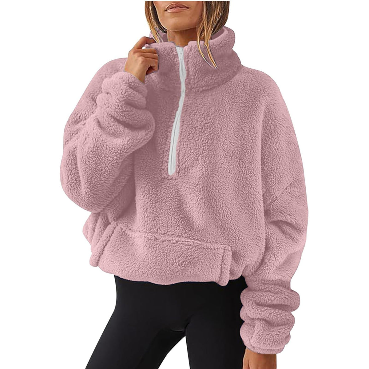 Teddy Fleece Jacket Women 2026 Fashion Half Zip Crop Long Sleeve Stand Collar Fleece Tunic Tops Blouse Zip Up Double Jumpers Loose Fit Casual Fluffy Pullover Tops Sweatshirts Fall Winter Warm Coats