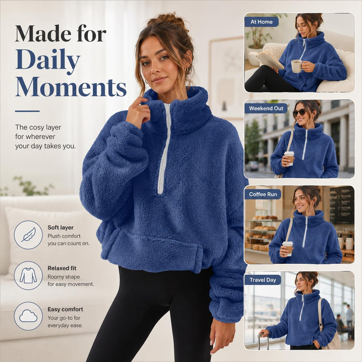 Teddy Fleece Jacket Women 2026 Fashion Half Zip Crop Long Sleeve Stand Collar Fleece Tunic Tops Blouse Zip Up Double Jumpers Loose Fit Casual Fluffy Pullover Tops Sweatshirts Fall Winter Warm Coats