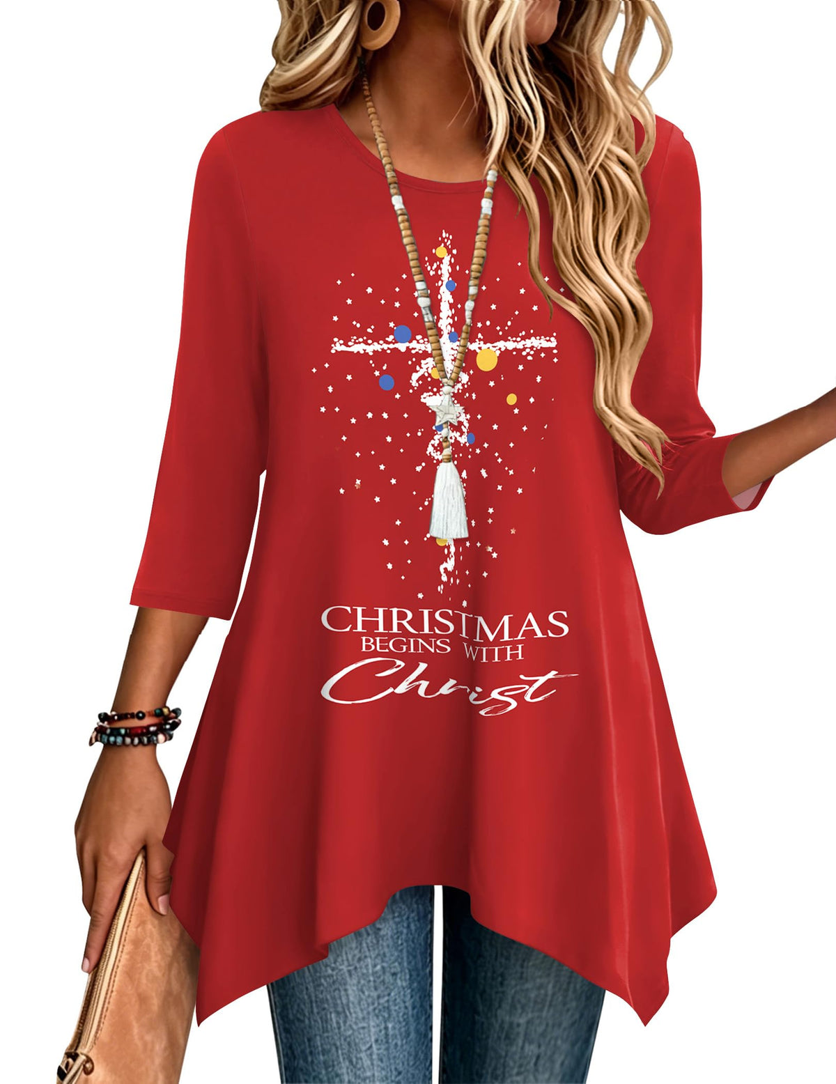 Zeagoo Womens Tops 3/4 Sleeve Loose Fit Dressy Tunics Plus Size Boho Shirts