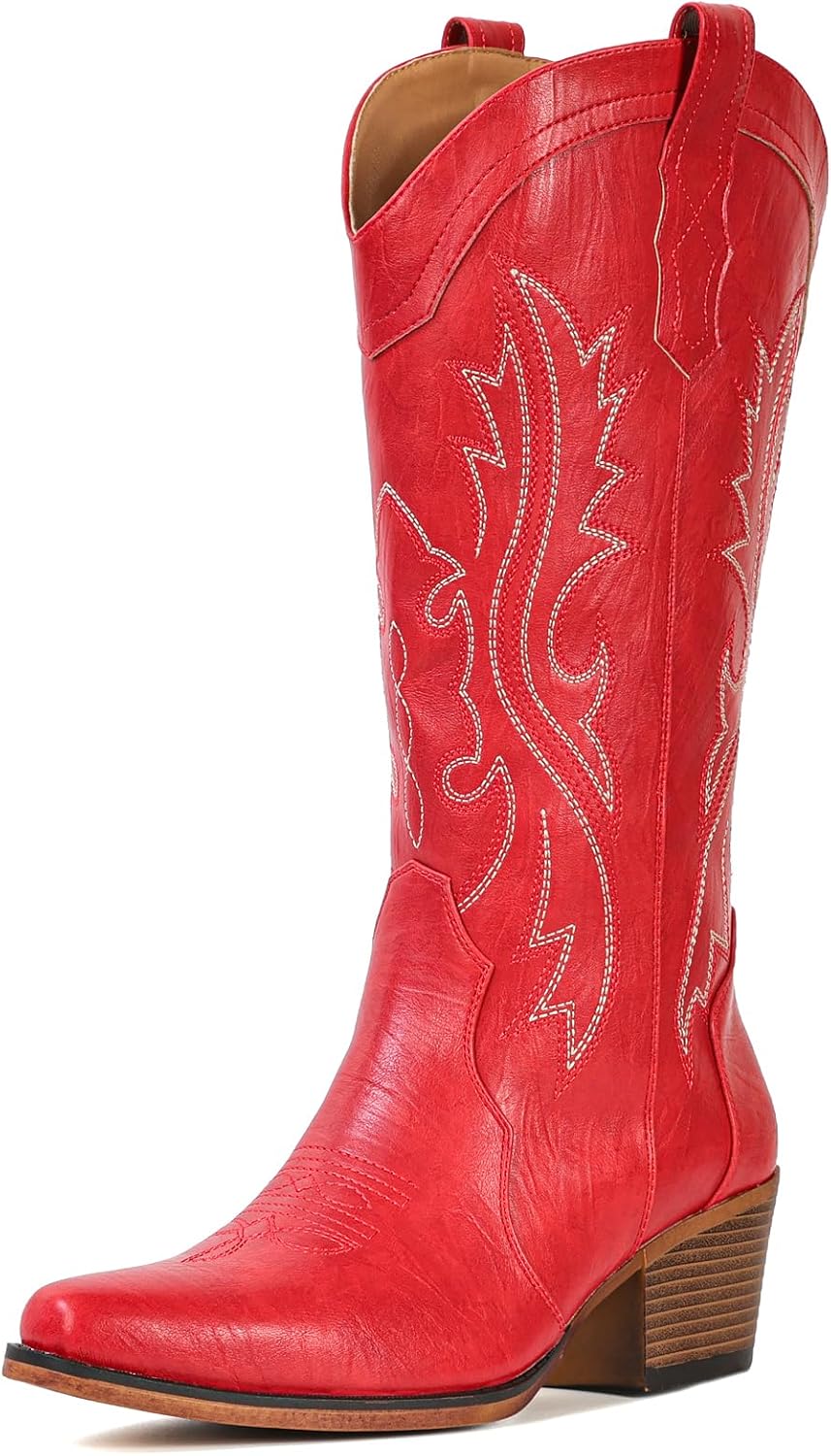 IUV Cowboy Boots For Women Western Cowgirl Boots Mid Calf Snip Toe