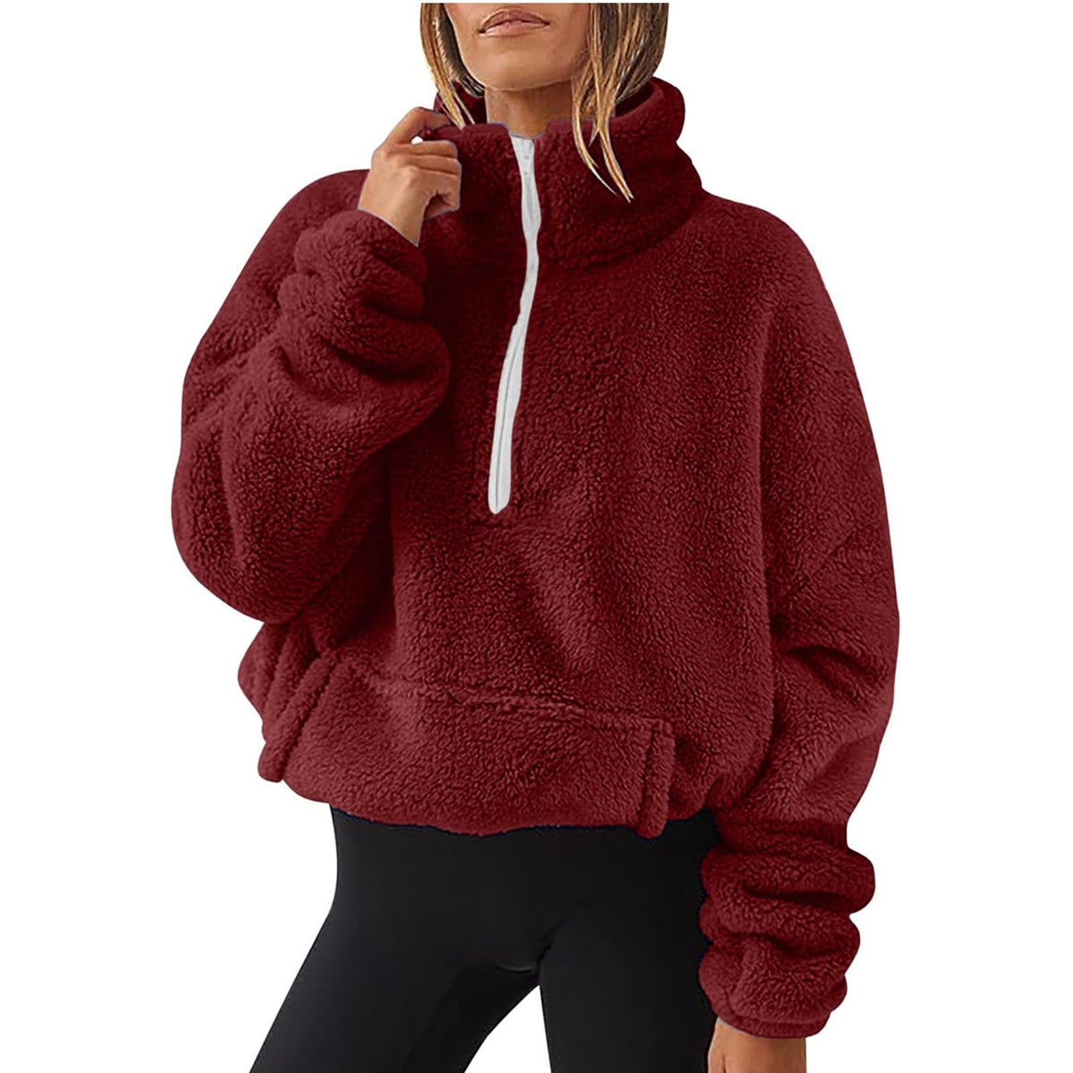 Teddy Fleece Jacket Women 2026 Fashion Half Zip Crop Long Sleeve Stand Collar Fleece Tunic Tops Blouse Zip Up Double Jumpers Loose Fit Casual Fluffy Pullover Tops Sweatshirts Fall Winter Warm Coats