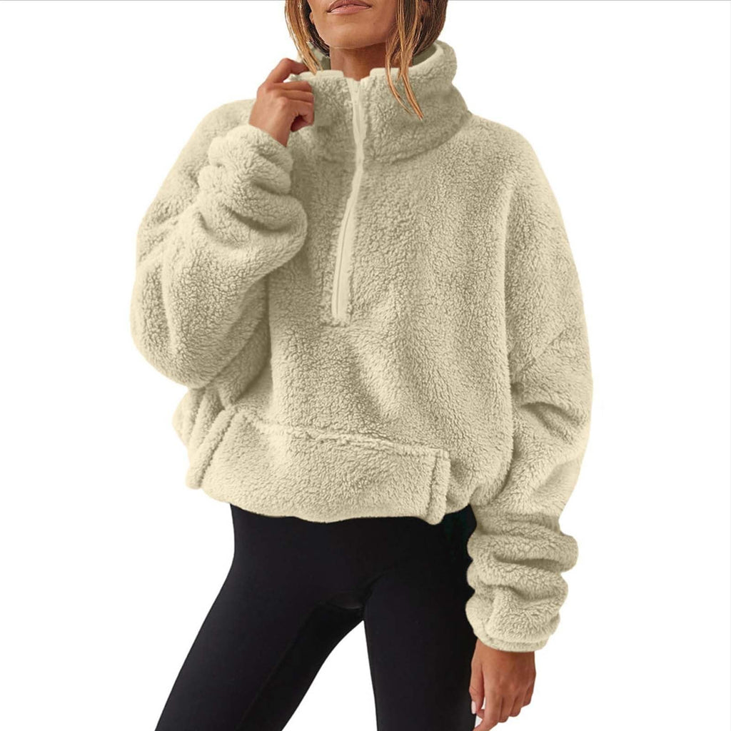 Teddy Fleece Jacket Women 2026 Fashion Half Zip Crop Long Sleeve Stand Collar Fleece Tunic Tops Blouse Zip Up Double Jumpers Loose Fit Casual Fluffy Pullover Tops Sweatshirts Fall Winter Warm Coats