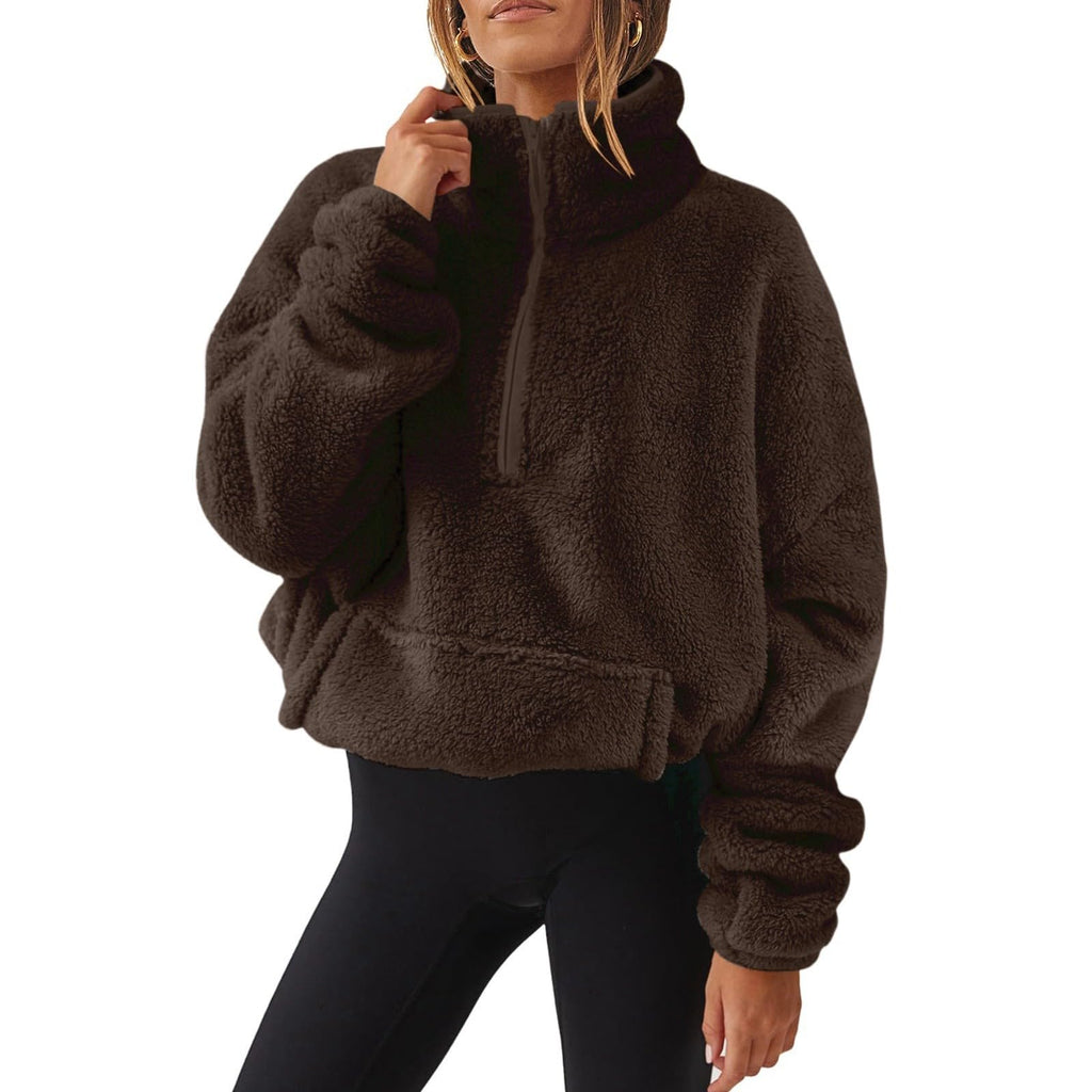 Teddy Fleece Jacket Women 2026 Fashion Half Zip Crop Long Sleeve Stand Collar Fleece Tunic Tops Blouse Zip Up Double Jumpers Loose Fit Casual Fluffy Pullover Tops Sweatshirts Fall Winter Warm Coats