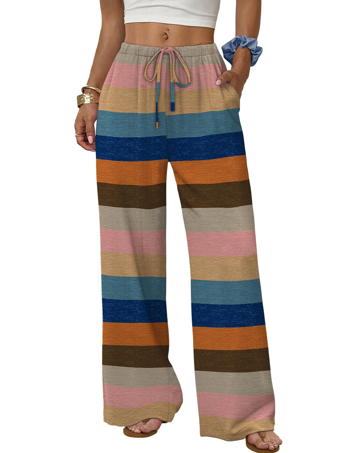 Sampeel Wide Leg Pants for Women Flowy Palazzo Drawstring Elastic Waist Trousers with Pockets Summer Beach Vacation Clothes