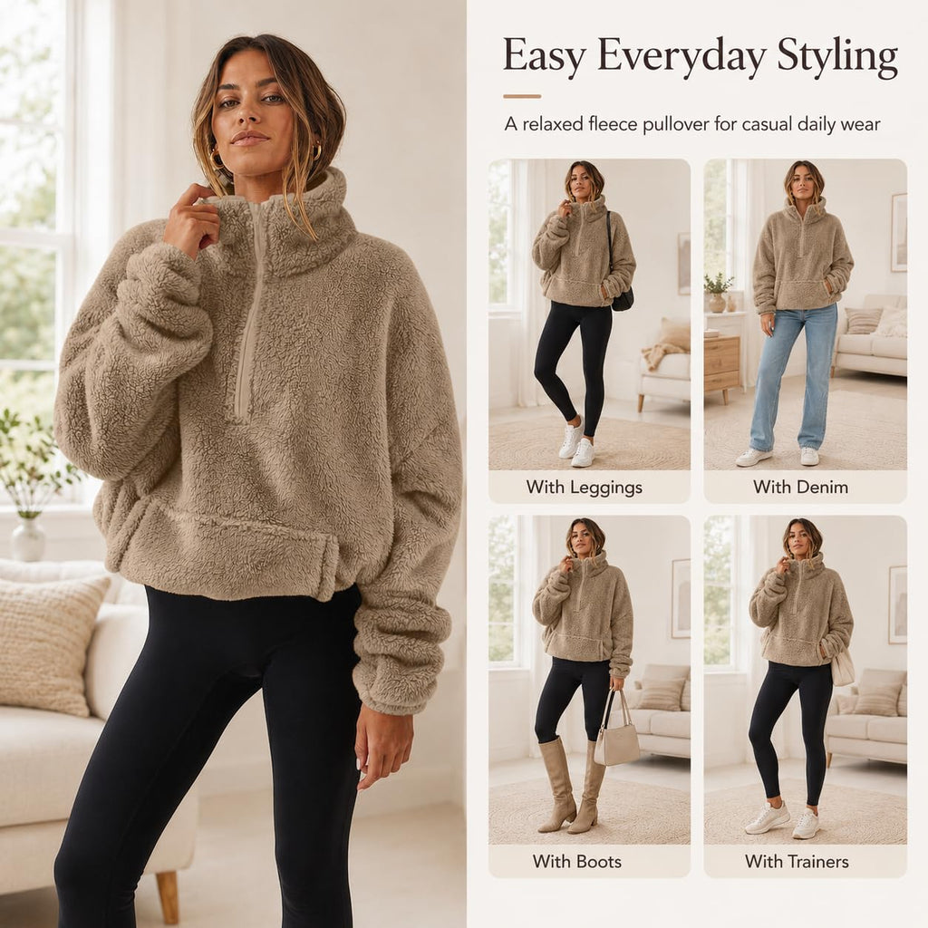 Teddy Fleece Jacket Women 2026 Fashion Half Zip Crop Long Sleeve Stand Collar Fleece Tunic Tops Blouse Zip Up Double Jumpers Loose Fit Casual Fluffy Pullover Tops Sweatshirts Fall Winter Warm Coats