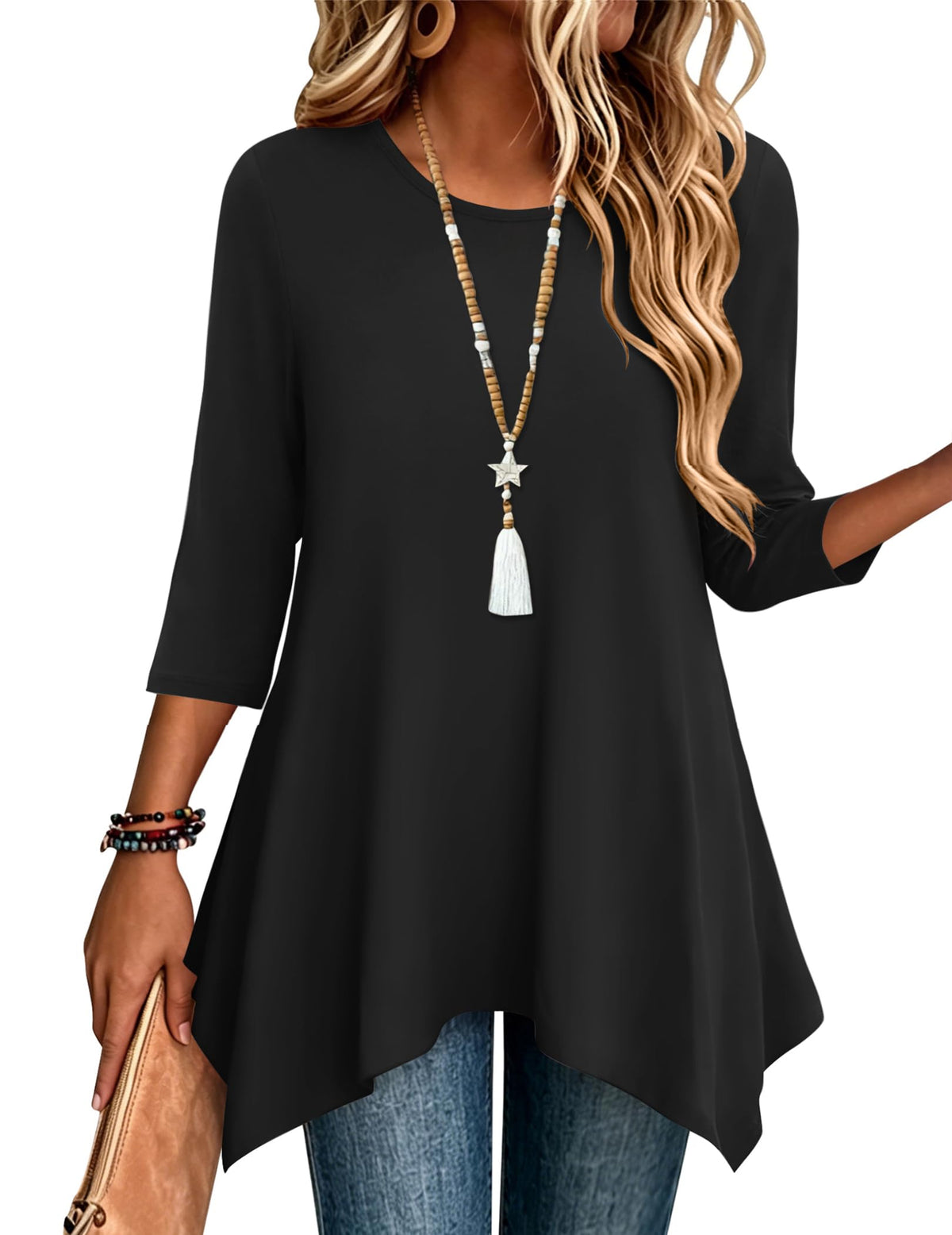 Zeagoo Womens Tops 3/4 Sleeve Loose Fit Dressy Tunics Plus Size Boho Shirts