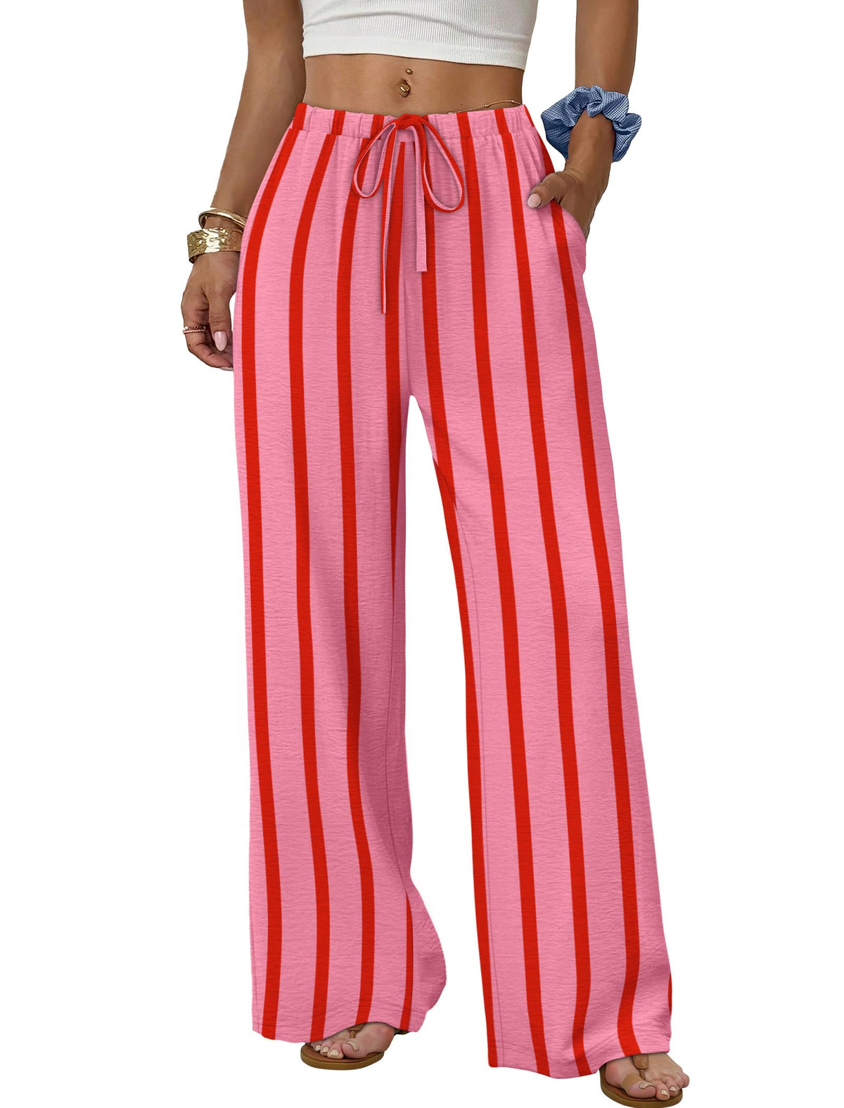 Sampeel Wide Leg Pants for Women Flowy Palazzo Drawstring Elastic Waist Trousers with Pockets Summer Beach Vacation Clothes