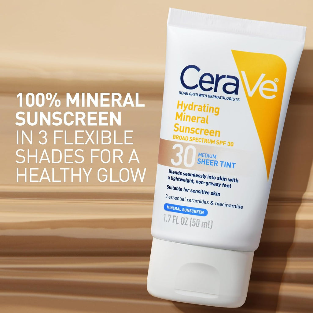 CeraVe Tinted Sunscreen for Face, Mineral SPF 30 Moisturizer, Medium, 1.7oz