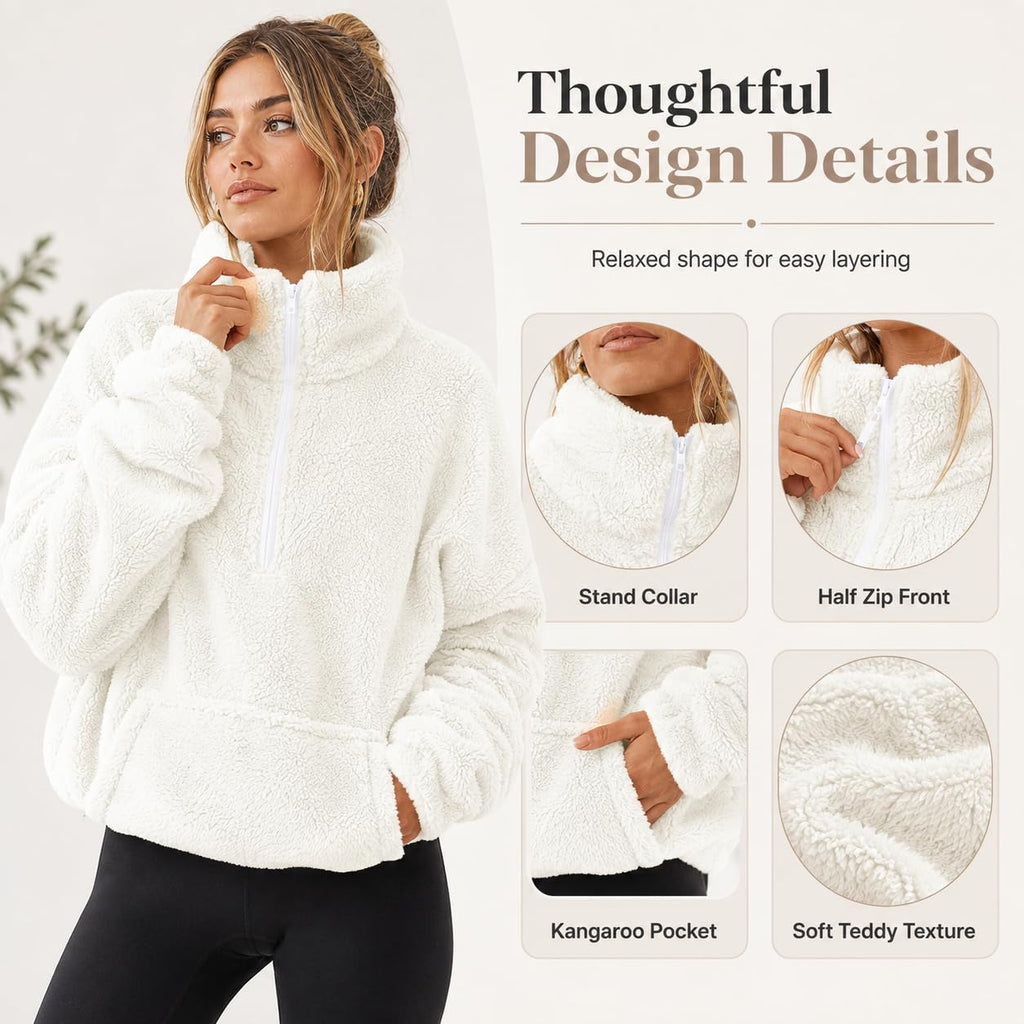 Teddy Fleece Jacket Women 2026 Fashion Half Zip Crop Long Sleeve Stand Collar Fleece Tunic Tops Blouse Zip Up Double Jumpers Loose Fit Casual Fluffy Pullover Tops Sweatshirts Fall Winter Warm Coats