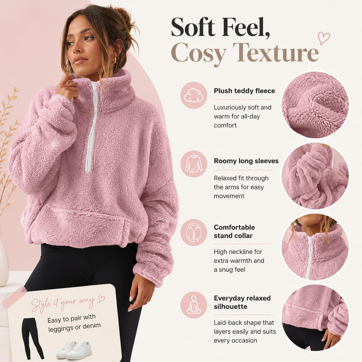 Teddy Fleece Jacket Women 2026 Fashion Half Zip Crop Long Sleeve Stand Collar Fleece Tunic Tops Blouse Zip Up Double Jumpers Loose Fit Casual Fluffy Pullover Tops Sweatshirts Fall Winter Warm Coats