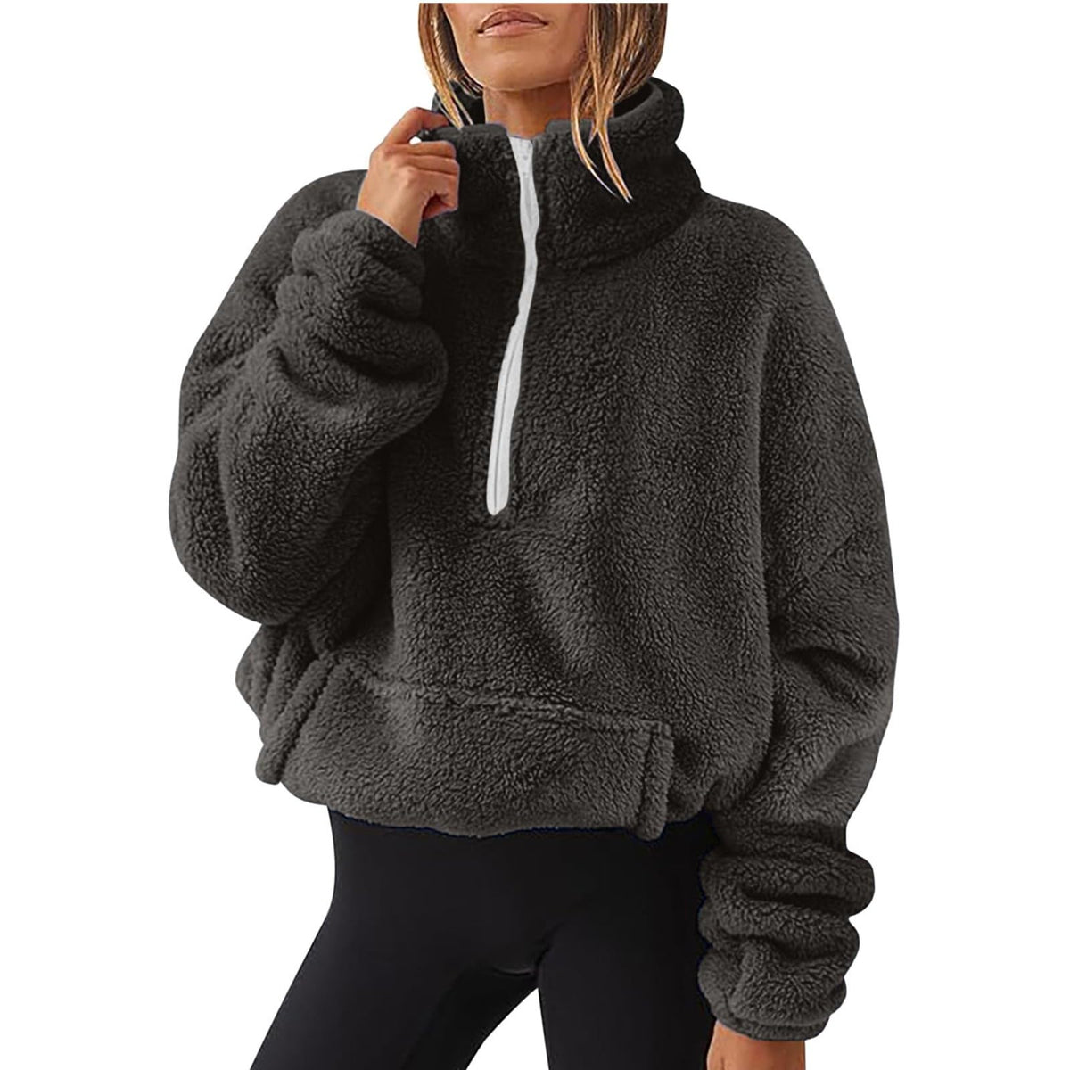 Teddy Fleece Jacket Women 2026 Fashion Half Zip Crop Long Sleeve Stand Collar Fleece Tunic Tops Blouse Zip Up Double Jumpers Loose Fit Casual Fluffy Pullover Tops Sweatshirts Fall Winter Warm Coats