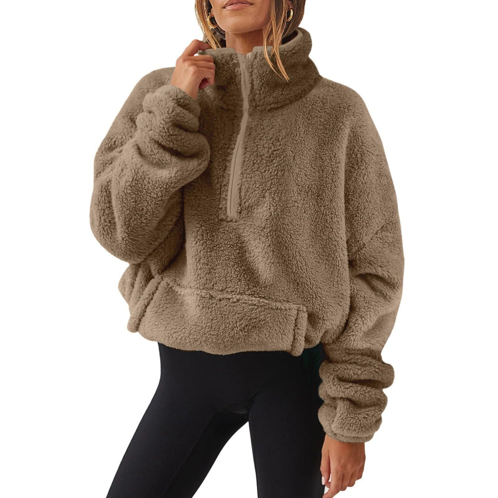 Teddy Fleece Jacket Women 2026 Fashion Half Zip Crop Long Sleeve Stand Collar Fleece Tunic Tops Blouse Zip Up Double Jumpers Loose Fit Casual Fluffy Pullover Tops Sweatshirts Fall Winter Warm Coats