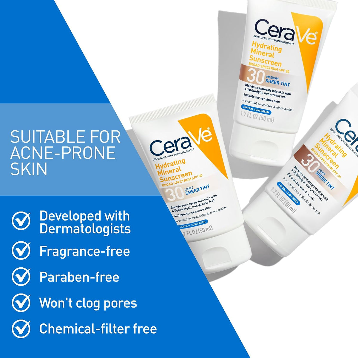 CeraVe Tinted Sunscreen for Face, Mineral SPF 30 Moisturizer, Medium, 1.7oz