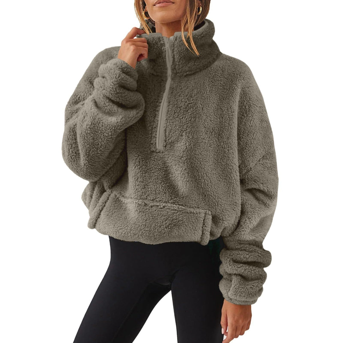 Teddy Fleece Jacket Women 2026 Fashion Half Zip Crop Long Sleeve Stand Collar Fleece Tunic Tops Blouse Zip Up Double Jumpers Loose Fit Casual Fluffy Pullover Tops Sweatshirts Fall Winter Warm Coats