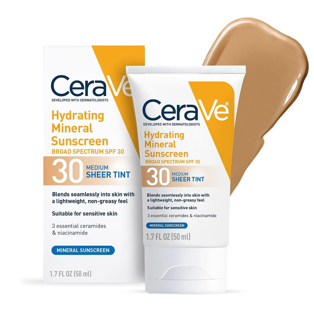 CeraVe Tinted Sunscreen for Face, Mineral SPF 30 Moisturizer, Medium, 1.7oz