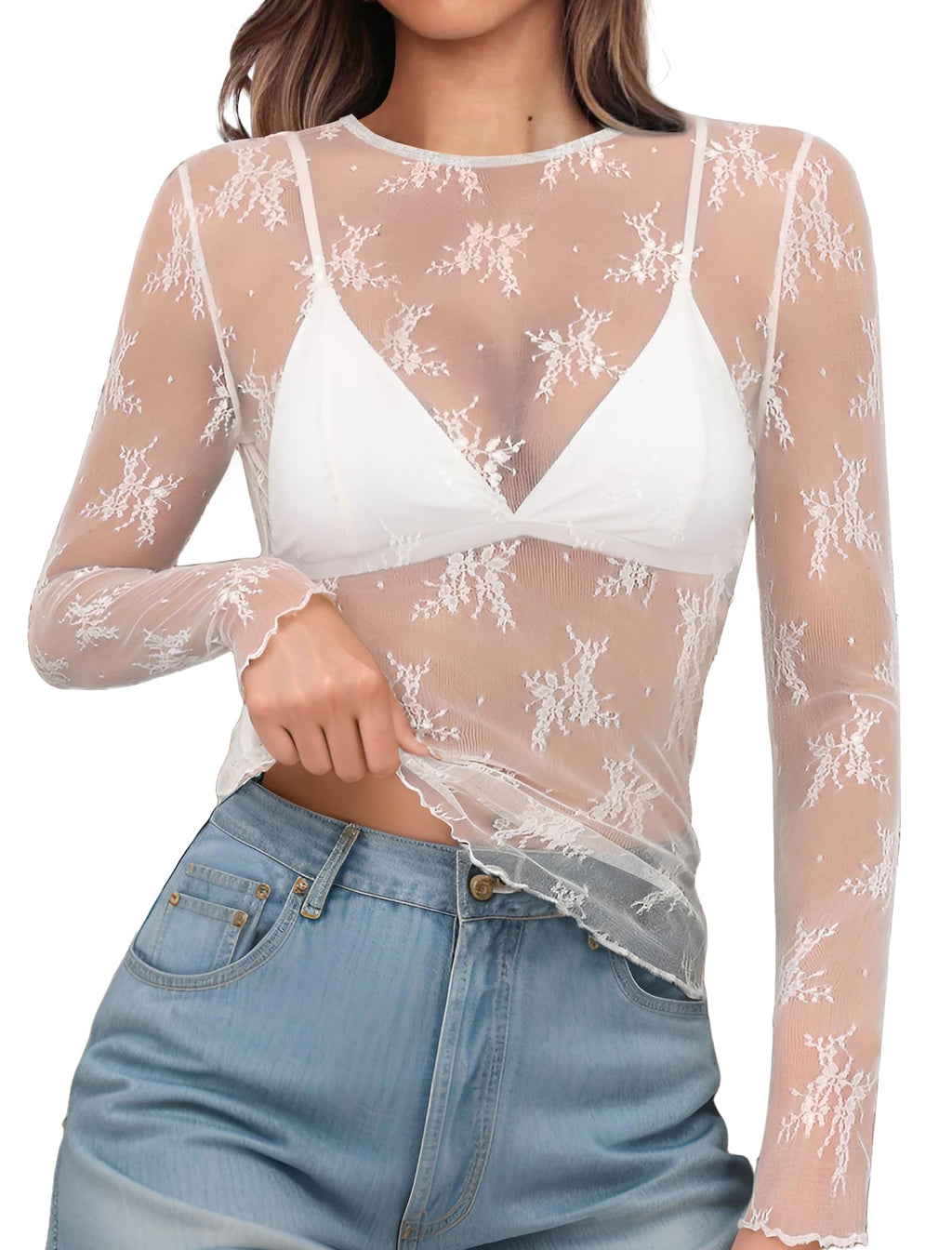OFEEFAN Womens Mesh Tops Lace Long Sleeve Shirts Crewneck Slim Fitted Outfits See Through Blouses
