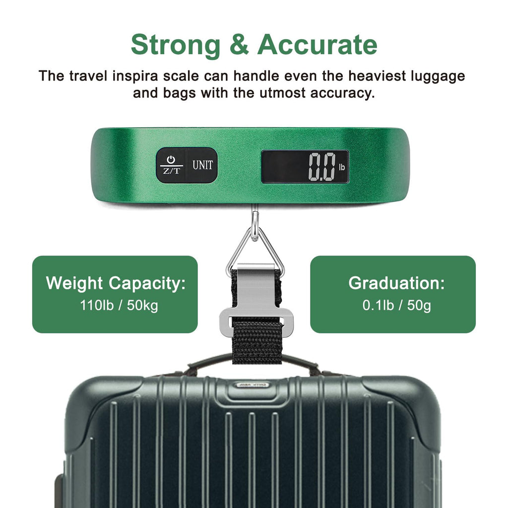 travel inspira Digital Luggage Scale – Portable Hanging Suitcase Weight Scale for Travel, 110 lb Capacity, Backlit LCD Display, Prevents Airport Overweight Fees, Battery Included