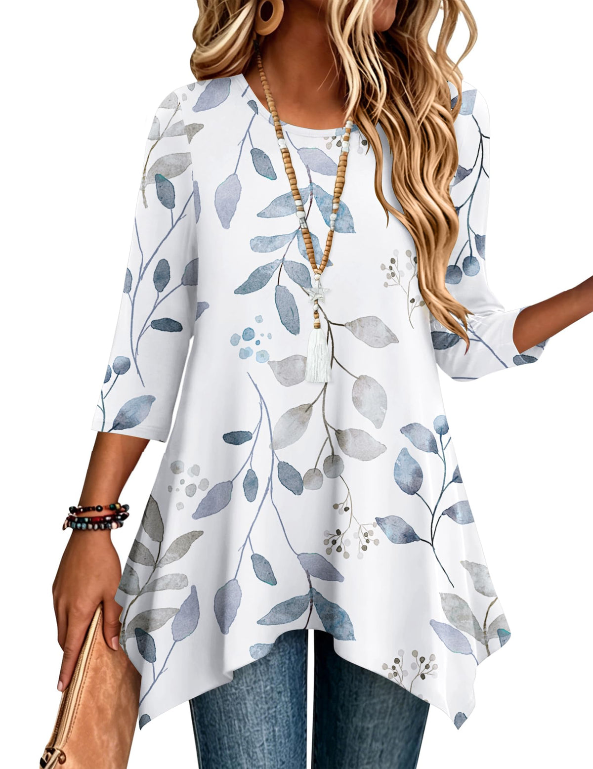 Zeagoo Womens Tops 3/4 Sleeve Loose Fit Dressy Tunics Plus Size Boho Shirts