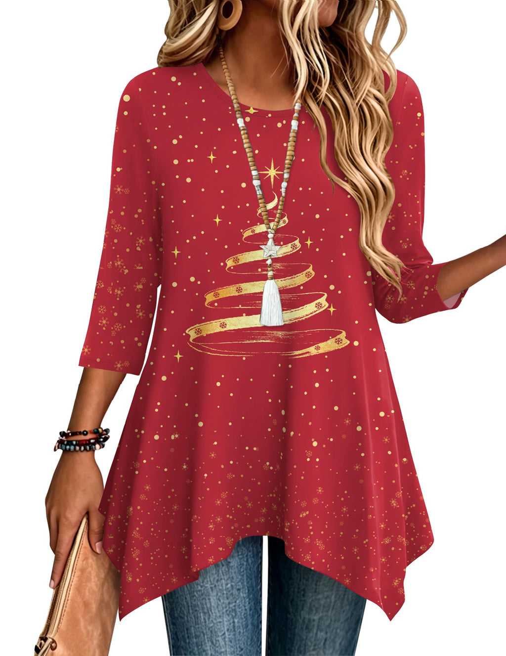 Zeagoo Womens Tops 3/4 Sleeve Loose Fit Dressy Tunics Plus Size Boho Shirts