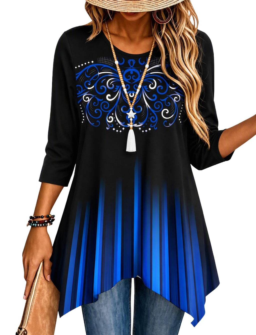 Zeagoo Womens Tops 3/4 Sleeve Loose Fit Dressy Tunics Plus Size Boho Shirts