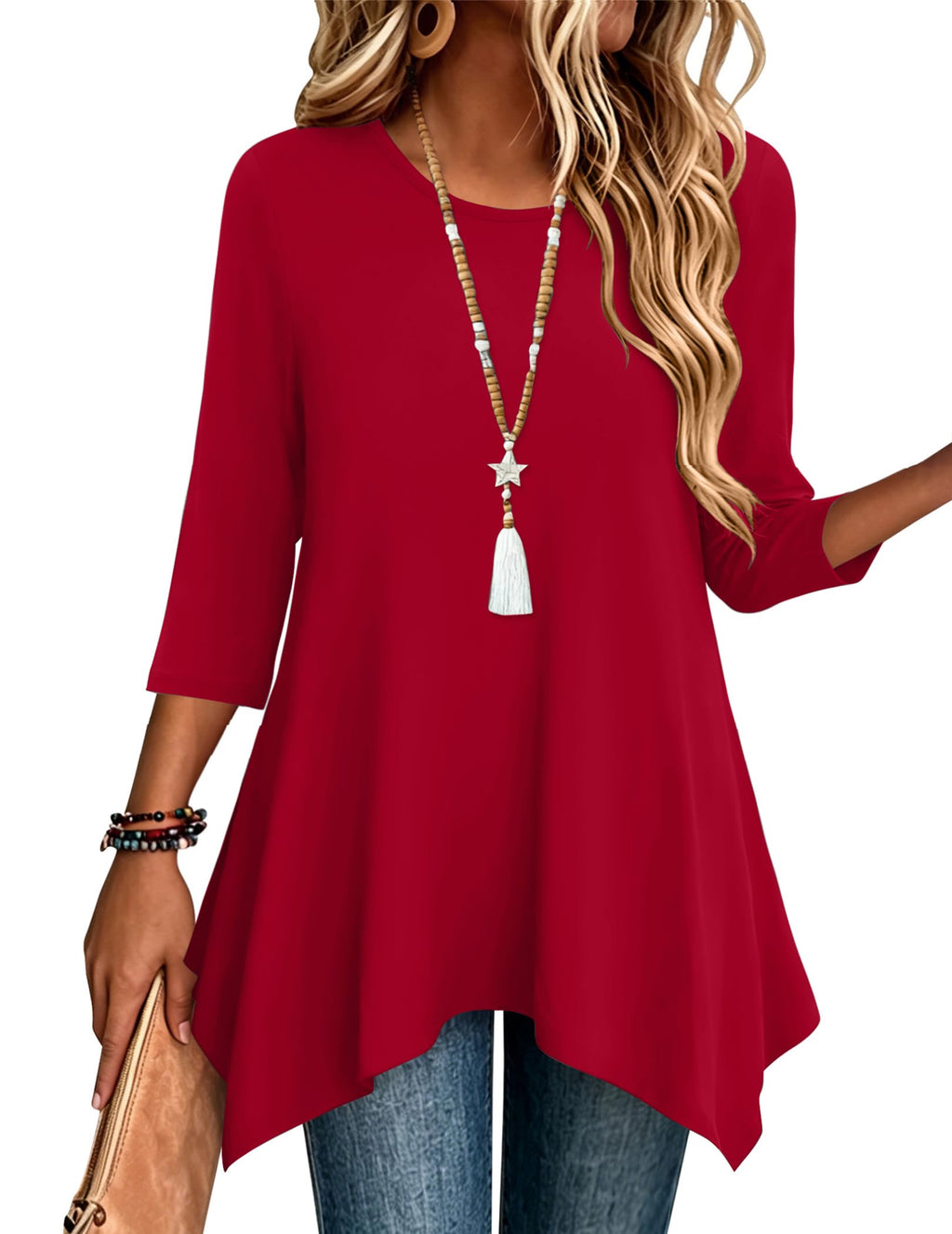 Zeagoo Womens Tops 3/4 Sleeve Loose Fit Dressy Tunics Plus Size Boho Shirts