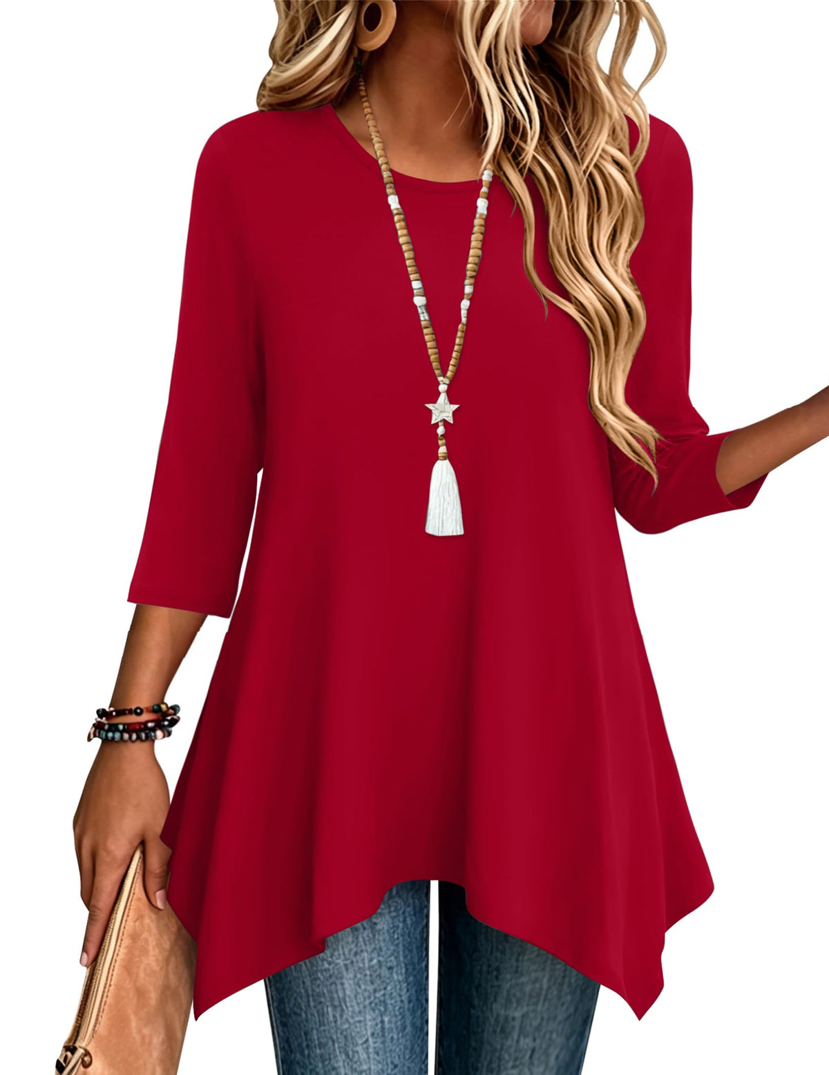 Zeagoo Womens Tops 3/4 Sleeve Loose Fit Dressy Tunics Plus Size Boho Shirts