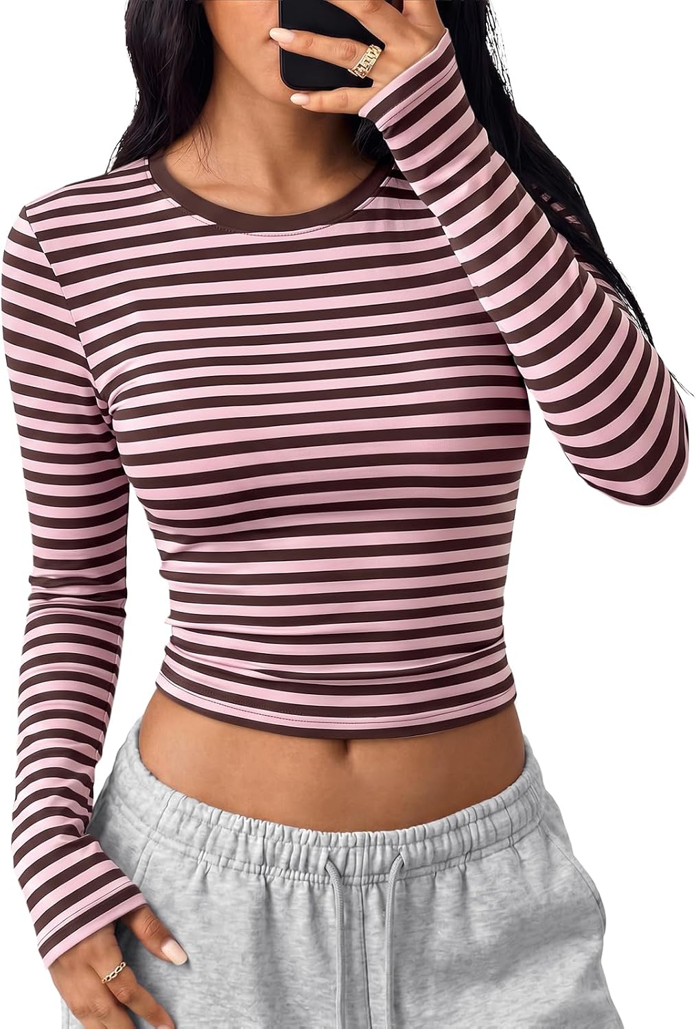 Trendy Queen Womens Long Sleeve Crop Tops Y2K Basic Shirts